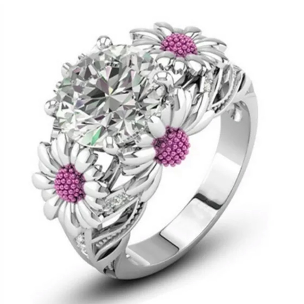 💖 Size 8 Sunflower Pink Silver Ring NEW